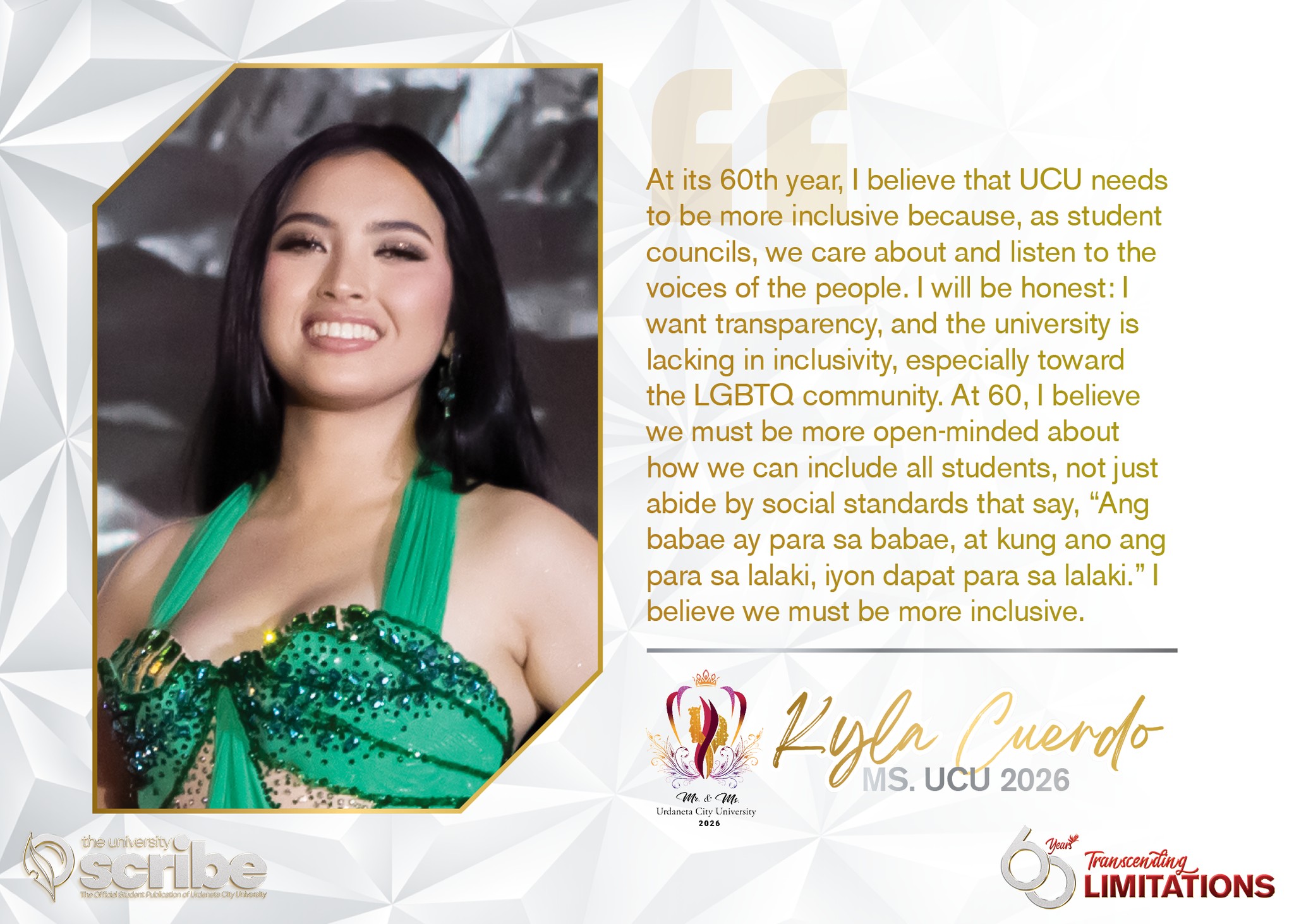 Ms. Urdaneta City University 2026 Kyla Cuerdo calls for inclusivity as the university marks its 60th year